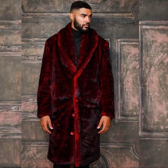 Men's Fashion Burgundy Black Faux Fur Overcoat