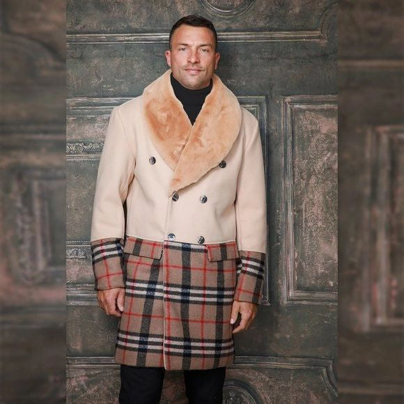 Men's Fashion Tan Solid Plaid Faux Fur Overcoat